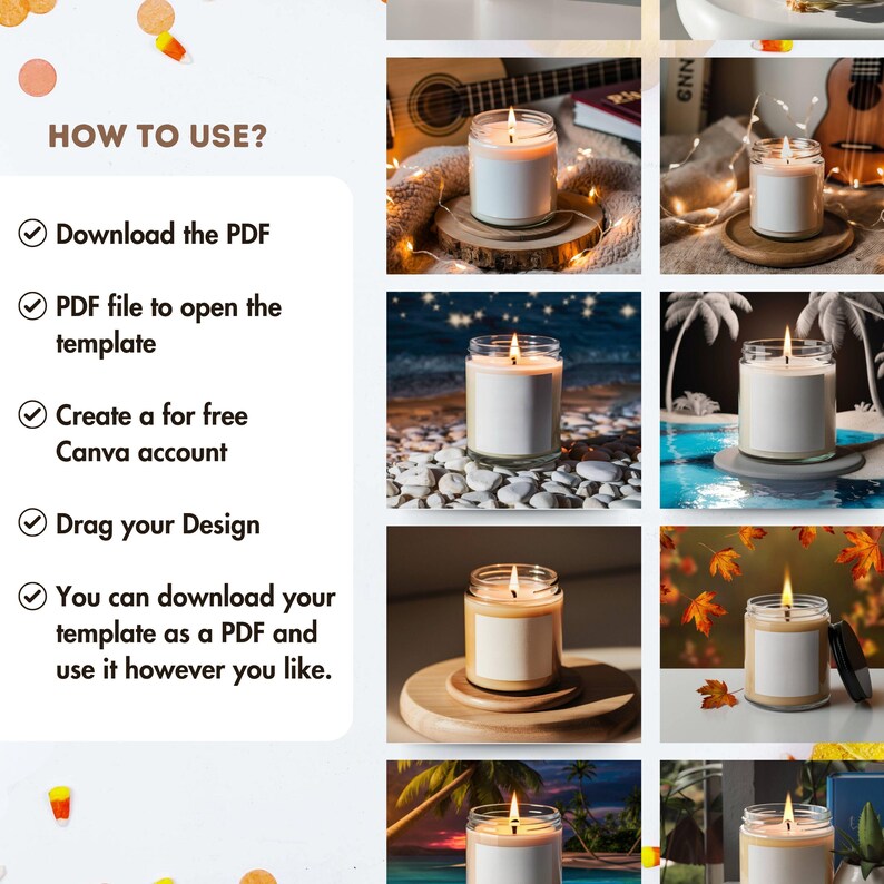 May include: A collage of lit candles in glass jars with white labels. The candles are on wooden coasters and set against various backgrounds, including a beach, autumn leaves, and a tropical scene. Text on the left reads "HOW TO USE?" with instructions.