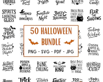 May include: A collection of Halloween-themed graphics in black and orange. The image features phrases like "Brewing Trouble," "Trick or Treat," and "Hocus Pocus." The central text reads "50 Halloween Bundle" with file type options.
