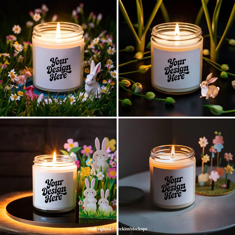 May include: Lit candle in a glass jar with a white label that says "Your Design Here." The candle is surrounded by decorative elements, including flowers and small bunny figurines. The overall theme is Easter.