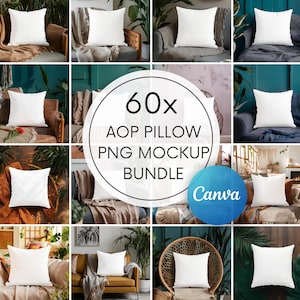 Pode incluir: Uma coleção de almofadas quadradas brancas exibidas em várias cadeiras e sofás. A imagem inclui um gráfico central com o texto "60x AOP PILLOW PNG MOCKUP BUNDLE" e um logotipo Canva, sugerindo um produto digital para mockups de design.