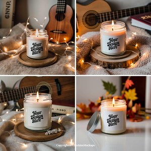 May include: Four images of a lit candle in a glass jar with a white label that says "Your Design Here". The candle sits on a wooden coaster or slice, with a guitar and fairy lights in the background. The candle has a silver lid.