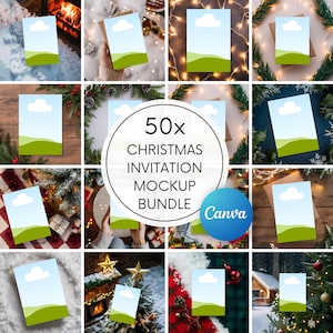 Más de 50 maquetas de invitaciones navideñas en formato Canva con enlaces de arrastrar y soltar para tarjetas de agradecimiento, estilo boho, descarga en PDF, tarjetas de felicitación de papelería