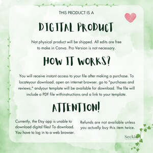 May include: A digital product information sheet with a green watercolor background and decorative vines. The text reads "THIS PRODUCT IS A DIGITAL PRODUCT" and explains how the digital product works, including how to download it.