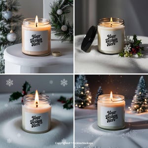 May include: A lit candle in a clear glass jar with a white label that says "Your Design Here." The candle is surrounded by holiday decorations, including a small Christmas tree and ornaments. The candle flame is bright.