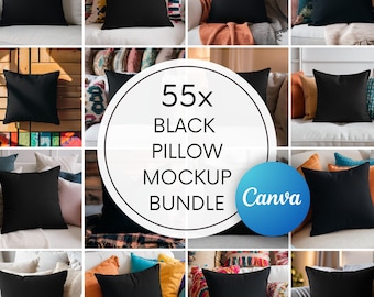 May include: A collection of black square pillows arranged in a grid, showcasing a mockup bundle. The pillows are displayed on various backgrounds, with a central graphic that reads "55x BLACK PILLOW MOCKUP BUNDLE" and the Canva logo.