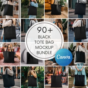 90+ Mockup di borse tote nere, borse in cotone biologico Canva e borse in tela nera Flatlays, mockup di borse tote boho femminili, borsa tote Printify Canva