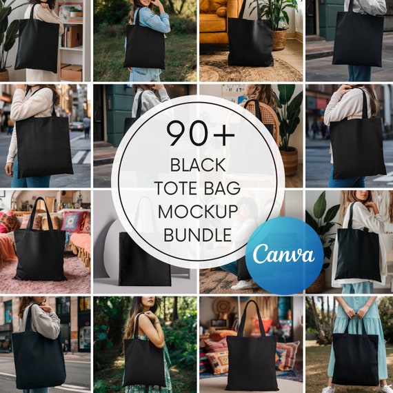Black Tote Bag Mockup Bundle: Editable Canva Organic Cotton & Canvas Flatlays (PDF Download)
