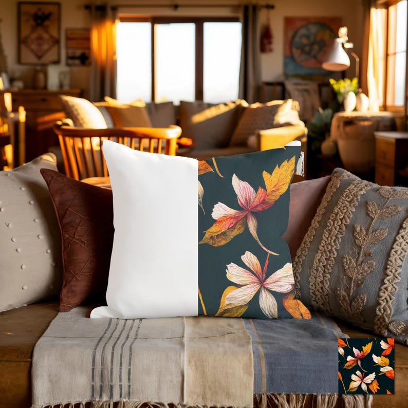 May include: A collection of decorative throw pillows in various colors and textures. One pillow is half white and half floral with pink and orange flowers on a dark teal background. Other pillows are brown, gray, and beige.
