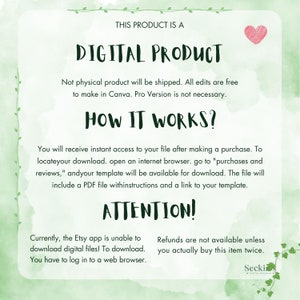 May include: A digital product information sheet with a green watercolor background and decorative vines. The text includes "DIGITAL PRODUCT," "HOW IT WORKS?" and "ATTENTION!" with details on accessing and using the digital file.