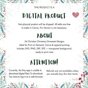May include: Digital product graphic with text: "THIS PRODUCT IS A DIGITAL PRODUCT." Includes 34 Christian Christmas ornament designs. The image also includes the text "ABOUT" and "ATTENTION!"