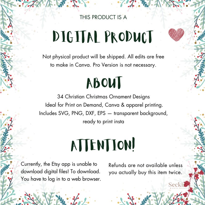 May include: Digital product graphic with text: "THIS PRODUCT IS A DIGITAL PRODUCT." Includes 34 Christian Christmas ornament designs. The image also includes the text "ABOUT" and "ATTENTION!"