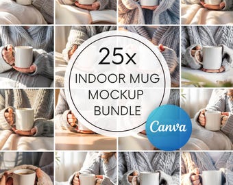Mug Mockup Bundle: Cozy Indoor Scene, Chunky Knit (Canva Digital Download)