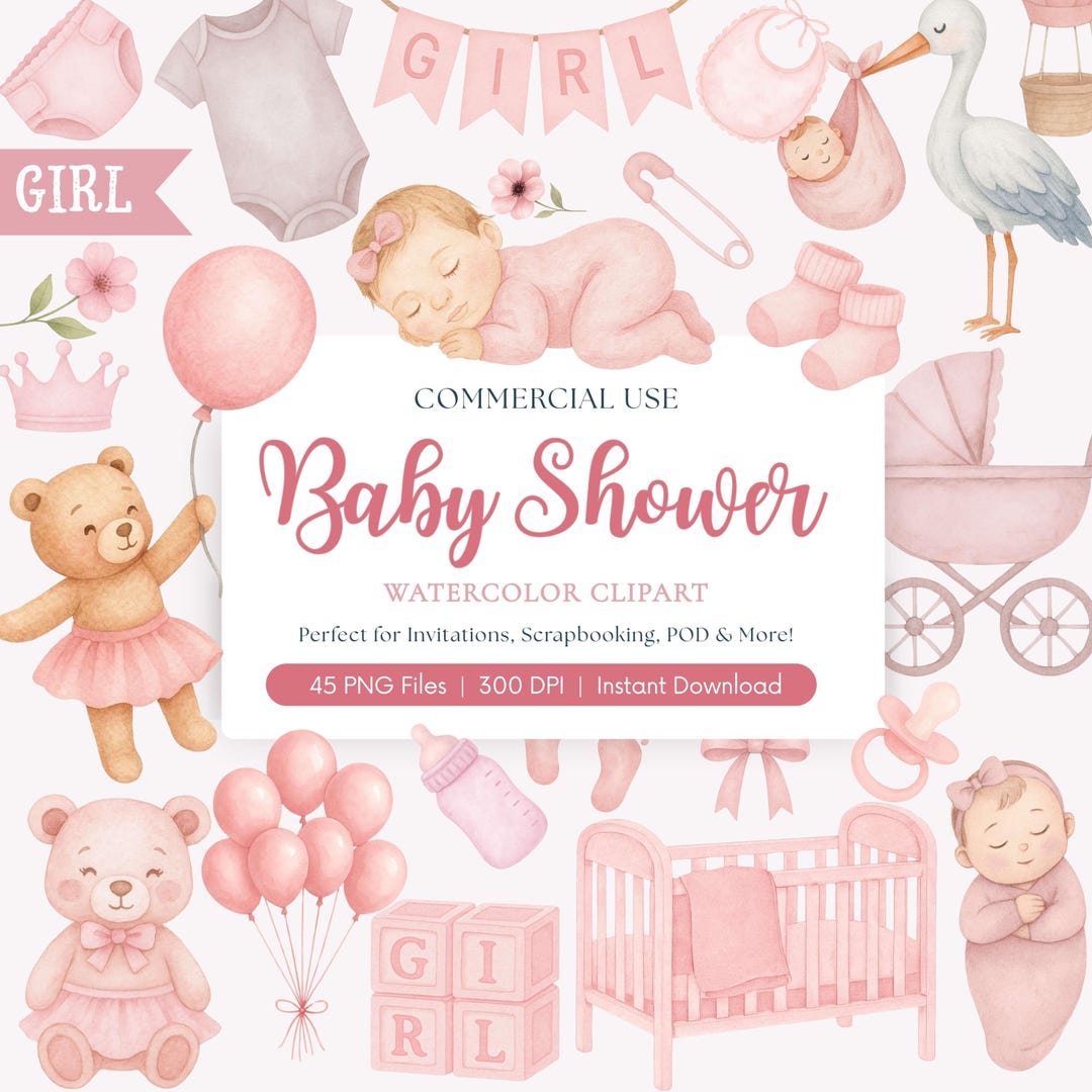 50 Baby Shower Clipart Bundle Pink Girl Set Watercolor Girl Stickers ...