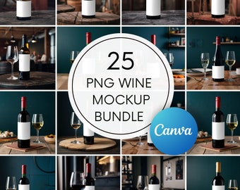 May include: A collection of wine bottle mockups with blank labels, showcasing various bottle styles and colors. The image includes wine glasses and the text "25 PNG Wine Mockup Bundle" with the Canva logo.