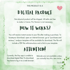 May include: A digital product information sheet with a green watercolor background and decorative vines. The text includes "DIGITAL PRODUCT", "HOW IT WORKS?", and "ATTENTION!". A pink heart is in the upper right corner.
