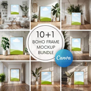 Op de afbeelding: Een mockup-bundel van 10+1 boho-frames. Elk frame toont een landschap met een blauwe lucht, een witte wolk en groene heuvels. De frames staan in verschillende interieurs, met planten en natuurlijk licht. Het Canva-logo is zichtbaar.