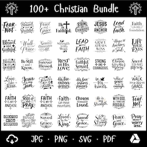 Puede incluir: Un gráfico de paquete cristiano en blanco y negro con más de 100 diseños. Los diseños incluyen citas y frases inspiradoras como "La fe es mi fundamento" y "Bendecido y agradecido". La imagen también incluye iconos de tipo de archivo.
