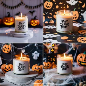 May include: A lit candle in a glass jar with a white label that says "Your Design Here". The candle is surrounded by Halloween decorations, including pumpkins and cobwebs. The background is dark.
