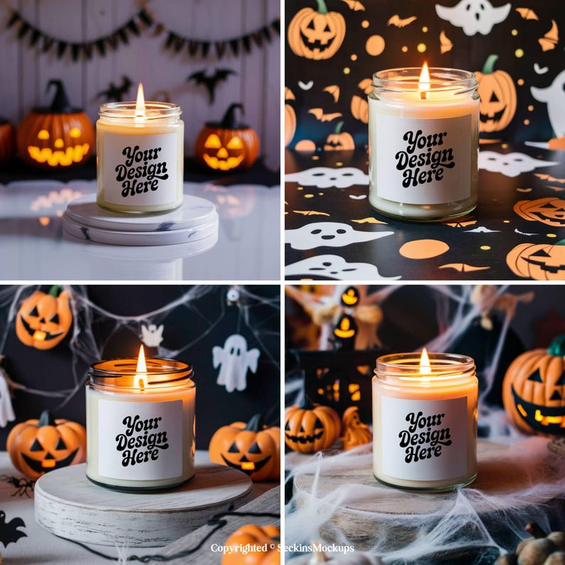 May include: A lit candle in a glass jar with a white label that says "Your Design Here". The candle is surrounded by Halloween decorations, including pumpkins and cobwebs. The background is dark.