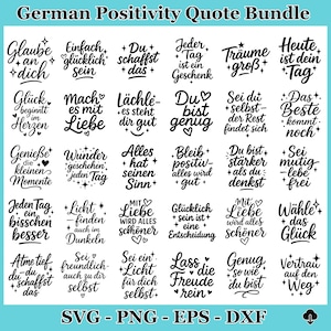 Peut inclure: Un ensemble de citations de positivité allemandes, écrites en noir dans un style manuscrit. Les citations incluent des phrases comme "croyez en vous" et "l'amour rendra tout plus beau". Le texte est en allemand.