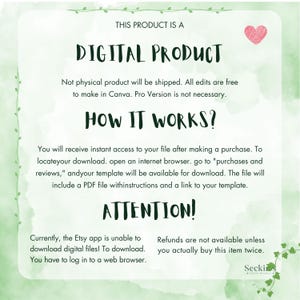 May include: A digital product information sheet with a green watercolor background and decorative vines. The text includes "DIGITAL PRODUCT", "HOW IT WORKS?", and "ATTENTION!". A pink heart is in the upper right corner. The sheet explains how to access and download the digital file.
