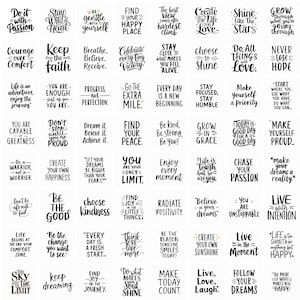 May include: A selection of black and white motivational quotes in a handwritten style. Phrases include "Do it with Passion", "Courage over Comfort", and "Life is an adventure, enjoy the journey". The quotes are arranged in a grid.