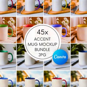 Puede incluir: Una colección de tazas blancas con detalles de colores en asas y bordes interiores. La imagen incluye el texto "45x ACCENT MUG MOCKUP BUNDLE JPG" y un logotipo de Canva. Las tazas están dispuestas en una cuadrícula, mostrando combinaciones de colores.