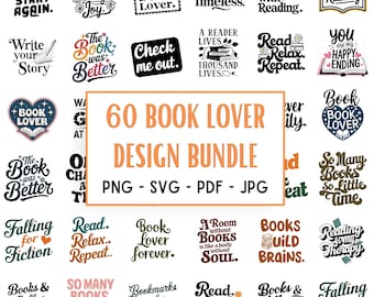 Book Lover Design Bundle: Reading Quotes PNG, SVG (Digital Download)