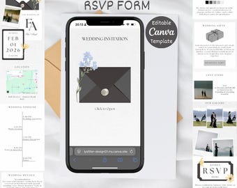 Editable Canva Minimalist Envelope Wedding Website Template: RSVP & Gift Registry (Digital Download)