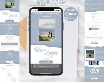 Editable Canva Blue Wedding Website Template: RSVP & Gift Registry (Digital Download)