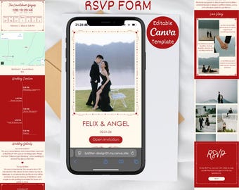 Editable Canva Red Minimalist Wedding Website Template: RSVP & Gift Registry (Digital Download)
