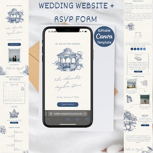Könnte beinhalten: Eine Vorlage für eine Hochzeitswebsite und ein RSVP-Formular. Das Design zeigt eine Pavillon-Illustration und den Text "WE ARE GETTING MARRIED". Die Vorlage ist in Canva editierbar. Das Datum ist Sonntag, der 2. Februar 2026.