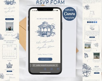 Editable Canva Blue Vintage Wedding Website Template: RSVP & Gift Registry (Digital Download)