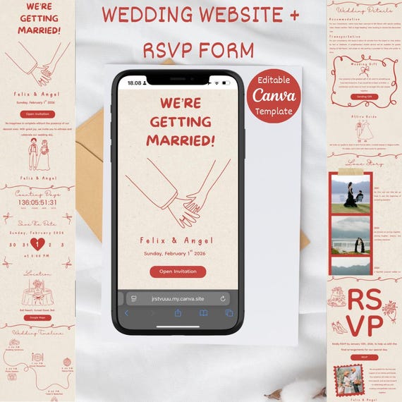 Editable Canva Wedding Website Template: RSVP, Gift Registry (Digital Download)