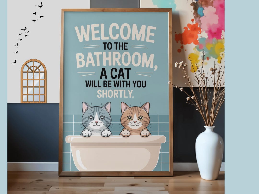 Funny Cat Bathroom Wall Art Printable, Minimalist Pet Poster, Cute Cat ...