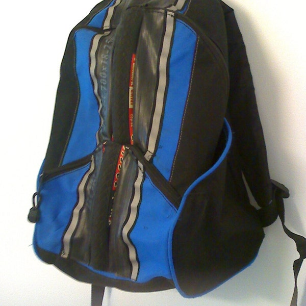 Custom Bike Backpack with road bicycle tire, innertube and reflective tape