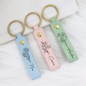 Birth Flower Leather Keychain,Leather Keyring,Custom Birth Floral  Keyring with Name,Birthday Gift,Bridesmaid Gift,Bag Tag,Gift for Women