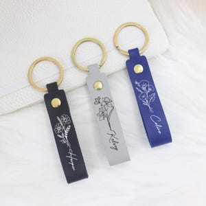 Birth Flower Leather Keychain,Leather Keyring,Custom Birth Floral  Keyring with Name,Birthday Gift,Bridesmaid Gift,Bag Tag,Gift for Women