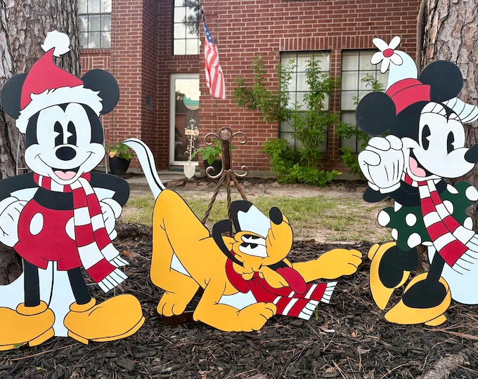 Featured listing image: Vintage Handmade Christmas Mickey Mouse, Mini Mouse, and Pluto Yard Art