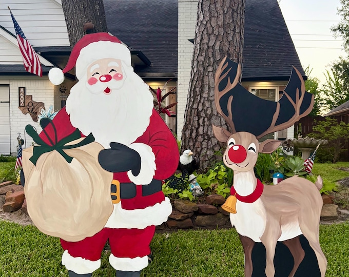 Featured listing image: Santa Clause, Mrs Clause, Rudolph the Red Nose Reindeer, and Christmas Tree Scene, Handmade Christmas Yard Art
