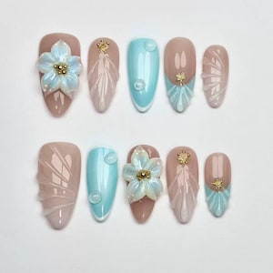 Blue Floral Press On Nails, 3D Flower Design Nails, Handmade False Nails