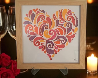 Arte de mandala de corazón (20,3 x 20,3 cm), enmarcado y hecho a mano. Decoración de pared inspirada en el amor en rojo, naranja y amarillo.