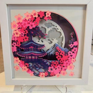 Papier cartonné 3D, fleurs de cerisier et pagode, encadré
