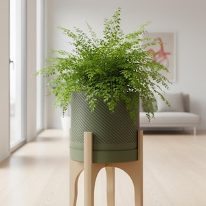 Spiral Groove Plant Pot with Wood-infused Stand - 18cm -  Mid Century Modern Design Style Planter