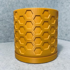 May include: A yellow planter with a hexagonal pattern. The planter has a wide base and a slightly narrower top.