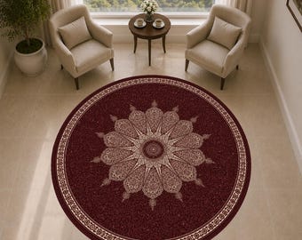 Burgundowy okrągły dywan, dywan w stylu vintage z kwiatowym medalionem, tradycyjny dywan w stylu orientalnym, elegancki wystrój salonu