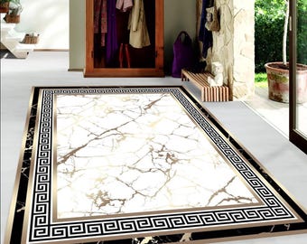 Black and Gold Greek Key Rug: Modern Medusa Carpet