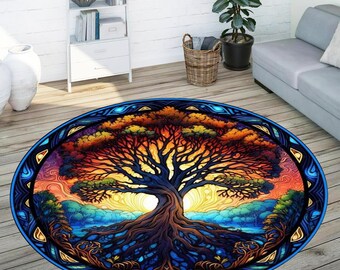 Tree of Life Round Rug: Cotton Chenille Tree Motif Carpet