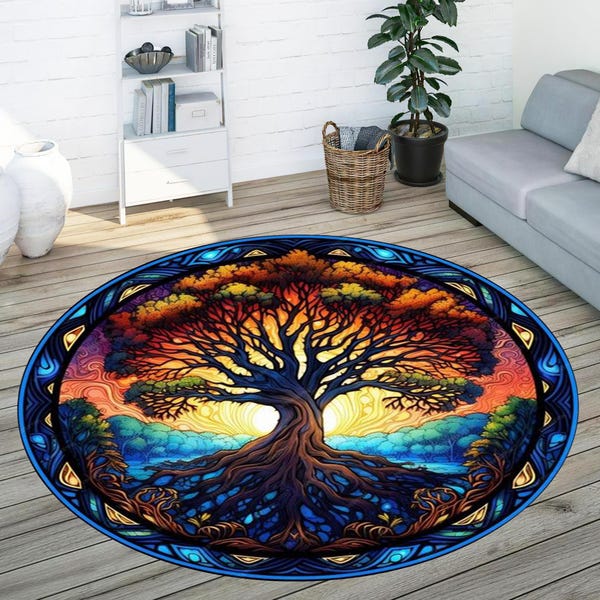 Alfombra redonda Árbol de la Vida: chenilla de algodón con motivo de árbol