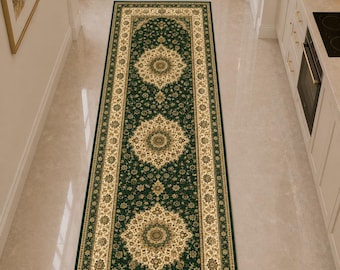 Emerald Green Runner Rug, Vintage Floral Medallion Rugs, Cream Traditional Hallway , Long Decorative Carpet
